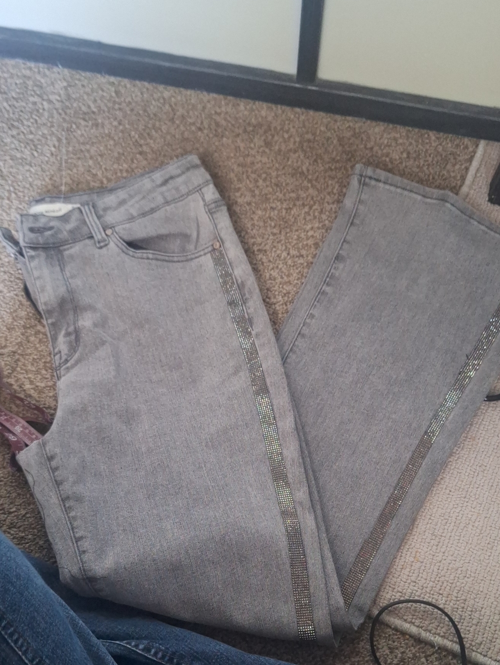 Rebecca Minkoff Gray Straight-Leg Jeans with Side Rhinestone Stripe